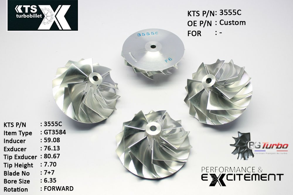 Turbo ROUE FORGÉE MFS PERFORMANCE - 7+7 PALES - INDUCER : 59,08 - EXDUCER : 76,13 - TYPE : GT3584ANGLE : 55° - ROTATION : Forward - SUPER BACK : 2,36 - BORE SIZE : 6,35
